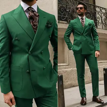 Zelena Italijanska Oblačila Za Moške, Poročni Dvojno Zapenjanje Slim Fit Vrh River Po Meri Moškega Oblačila 2 Kos Ženina Jopičem (Suknjič + Hlače)