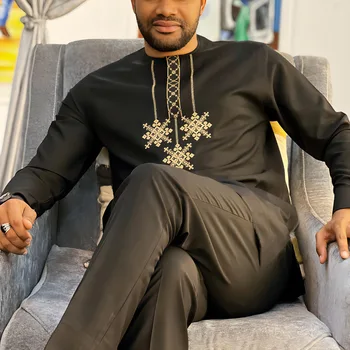 Muslimanski Modna Jakna Afriške Etnične Stil za Moške Vezene Majico in Barva Vrvico Hlače 2-kos Obleko Komplet Trenirka
