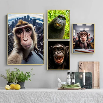 Smešno Opica Selfie Vesel Šimpanz Poster Tiskanje Platno Slikarstvo Živali Wall Art Za Dnevni Sobi Doma dekor Cuadros