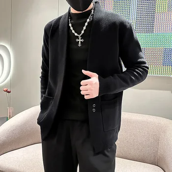 Pleteno Jopico Pulover Moške Zapiralo, ki ga Dekoracijo Black Elastična Sila Suknjič Visoke Kakovosti moška Oblačila korejskem Slogu