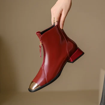 2023 nove Jesensko zimske Ženske škornji naravnega usnja 22-25 cm cowhide zgornji moderni čevlji sprednji zip kovinsko toe kratek čevlji
