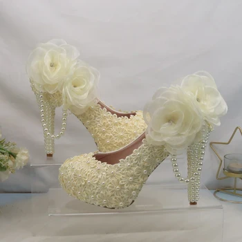 BaoYaFang slonovine Krema cvet Ženske poročni čevlji Nevesta Stranka obleko ženska Visoke pete platforma čevlji dame ročno izdelane Čipke za čevlje