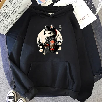 Mačka Samurai Sweatshirts Srčkan/kawaii Manga Hoodies Moški/ženske Zimski Flis Sudaderas Prevelik O-vratu Puloverji Tiskanje Oblačila