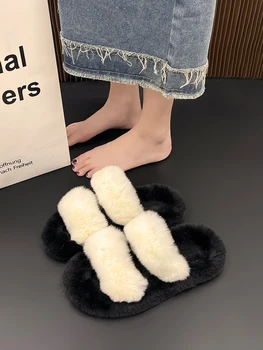 Čevlji Dame Copate Platformo Krzno Flip Flops Nizke Zimske Obutve Luksuzni Strani Jate Slipers Ženske Ravno Plišastih Oblikovalec 2023 Ru