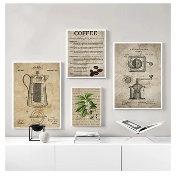 Kava Percolator in Kavnih Zrn Wall Art Platno Slikarstvo Vrste Kave Sliko Doma Dekor Kave, ki Vintage Poster Tiskanje