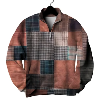 3d Rag Mozaik Tiskanja Hoodies Za Moške Jeseni Retro Moški pulover s kapuco Zip Moda Priložnostne Vrhovi Svoboden Prevelik Long Sleeve Majica