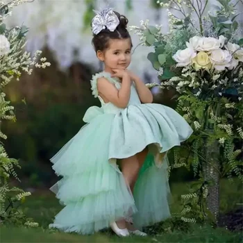Mint Zeleno Cvet Dekle Obleko Visoko-nizko Ruffles brez Rokavov Stopenjski Princesa Baby Dekle Rojstni dan Prvega svetega Obhajila Poročni Obleki