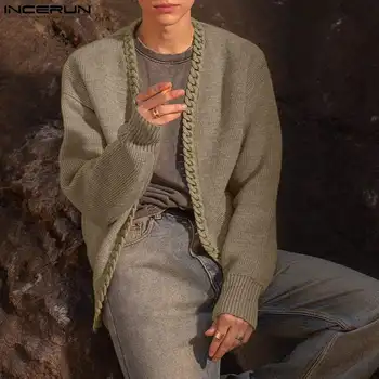 INCERUN Moških Jopico Mozaik Pletene Odprite Šiv Dolg Rokav Casual Moški Puloverji Ulične 2023 korejski Modni Moški Vrhnja oblačila