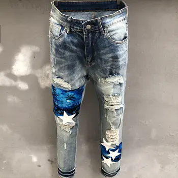 2023 High Street Oprati Naslikal Jean Moških Ulične Vzorec Šivanje Suh Slim Fit Kavbojke Stranka Priložnostne Hlač Pantalones