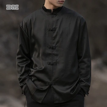 Pomlad Jesen Tradicionalno Kitajsko Obleko Tang Bo Ustrezala Moških Oblačil Vintage Dolg Rokav Plus Velikost Črno Srajco Tai Chi Kung Fu Plašč
