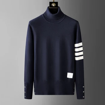 High end luksuzne blagovne znamke visoko vratu jopica moške osebnosti trend traku prugasta pulover 2023 jeseni in pozimi toplo priložnostne puloverju