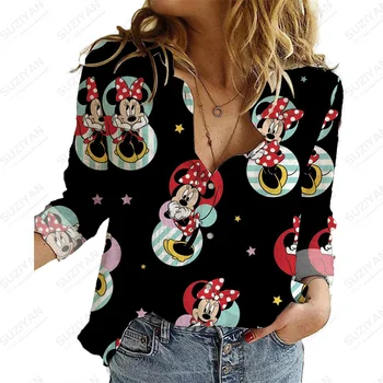 Disney ShirtElegant Ženske Modni Temperament Svoboden Ženske Priložnostne Majice Dolg Rokav Vrhovi Disney Elegantno Zavoj Navzdol Ovratnik Bluzo