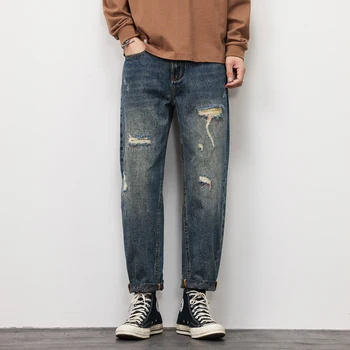 Moda Luknje Oprati Retro Jeans za Moške Oblačila Selvedge Širok Noge Traper Hlače Stiski Tovora Hlače Prevelike Priložnostne Obrabe