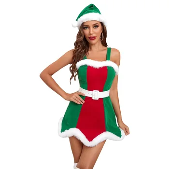 Ženske Božični Kostum brez Rokavov Krznen Mozaik Kontrast Barve Obavijen Slip Obleko s Klobuk Stranka Obleko
