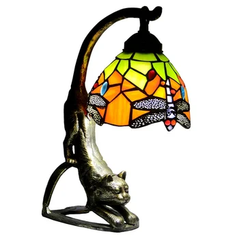 LongHuiJing Mačka Umetnosti Vitraž Tiffany Dragonfly Vzorec Tabela Namizna Svetilka Noč Luč oči zasvetijo