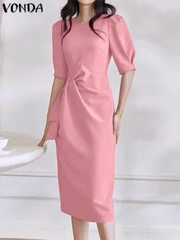 VONDA Ženske Elegantne Midi Obleko 2023 Priložnostne Puff Sleeve Solid Color Eleganten Stranka Obleko Plaži Sundress Svoboden Haljo Femme Preobsežne