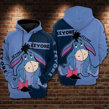 Nove Disney 3d Hoodie Eeyore Osel Raglan Disney Risanke 3d Grafika pulover s kapuco Zip Hoodie