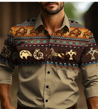 Zahodni Stil Novih Moških Dolg Rokav Bluzo Moških Slim Majica Socialne Obrabe Etnične Retro Plemenski Oblačila Moški Camisas Casuais Obleko