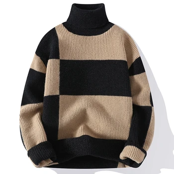 Nov Slog Turtleneck Sweater Moški Puloverji Jeseni, Pozimi Mehko Lahek Tople Pletene Džemper Ropa Hombre Kariran Pulover 4XL-M