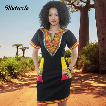 Mutevole Ženska Kratek Rokav Pocket Dashiki Obleko Poletje Mozaik Afriki Tradicionalno Obleko Priložnostne Plus Velikost Kratek Mini Obleka